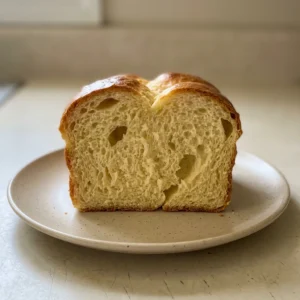 Looking down at a round golden brioche loaf with a glossy crust, sliced to reveal a soft, pale interior.