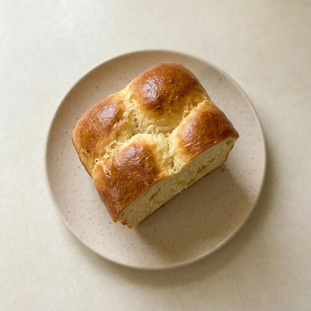 A plate of brioche slices arranged in a fan, each with a rich golden crust and soft interior.