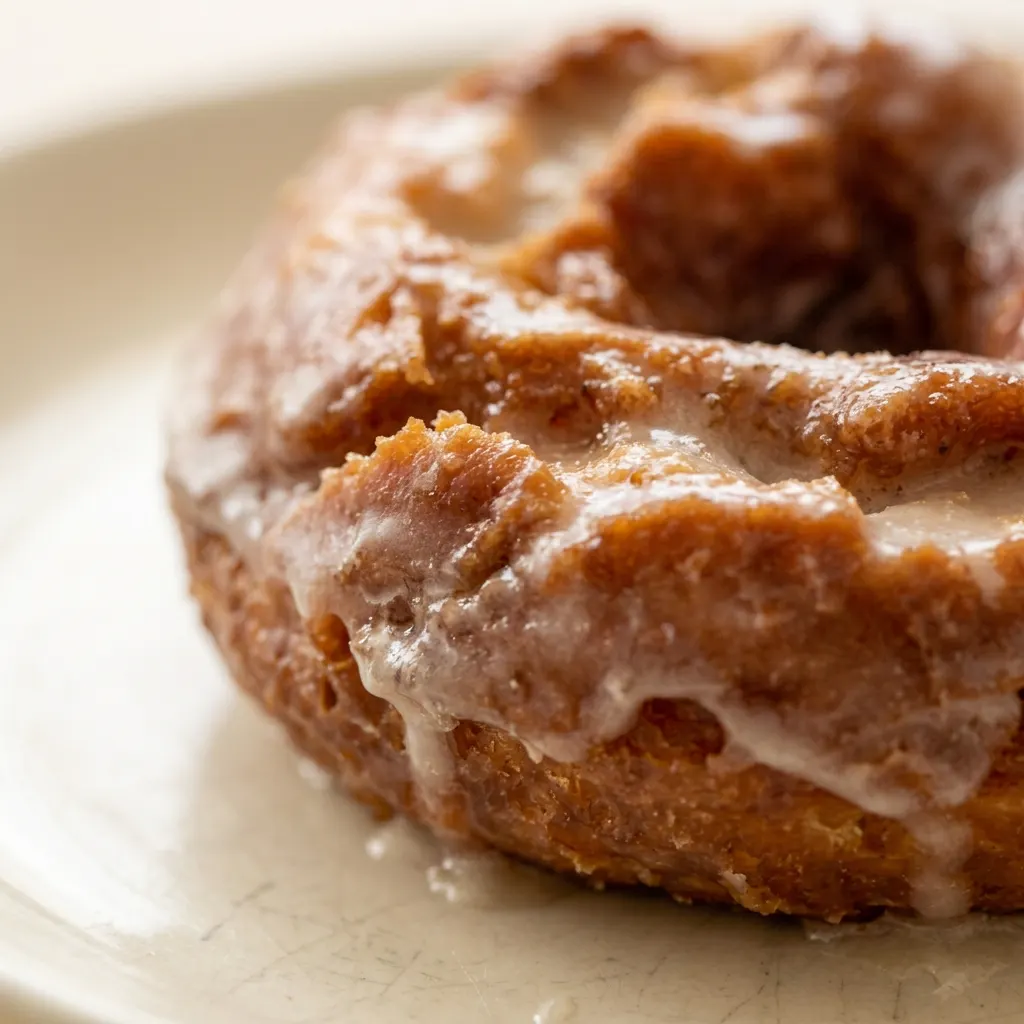 Zoomed in on a glazed sour cream donut with visible nutmeg specks and a glossy finish.