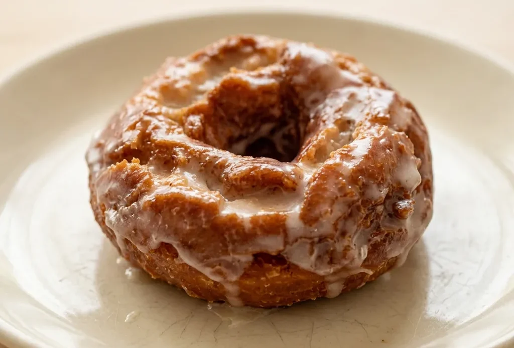 Bird's-eye view of three sour cream donuts topped with powdered sugar glaze on a white plate.