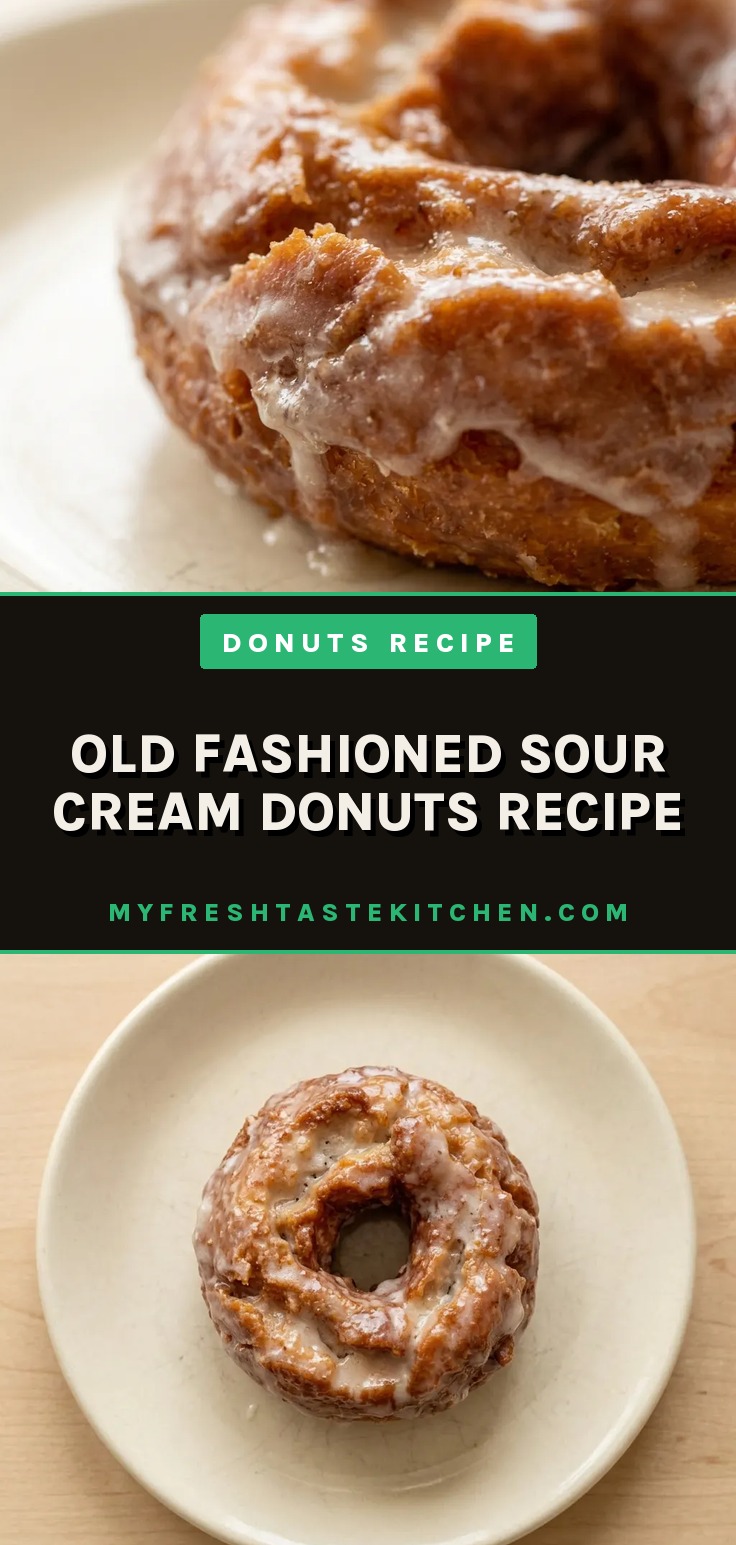 Old fashioned sour cream donuts recipe with nutmeg and vanilla glaze donuts, dusted with powdered sugar donuts.