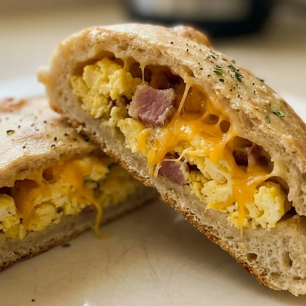 Close view of a flaky sourdough pocket with a runny egg, crispy bacon, and gooey cheddar cheese spilling out.