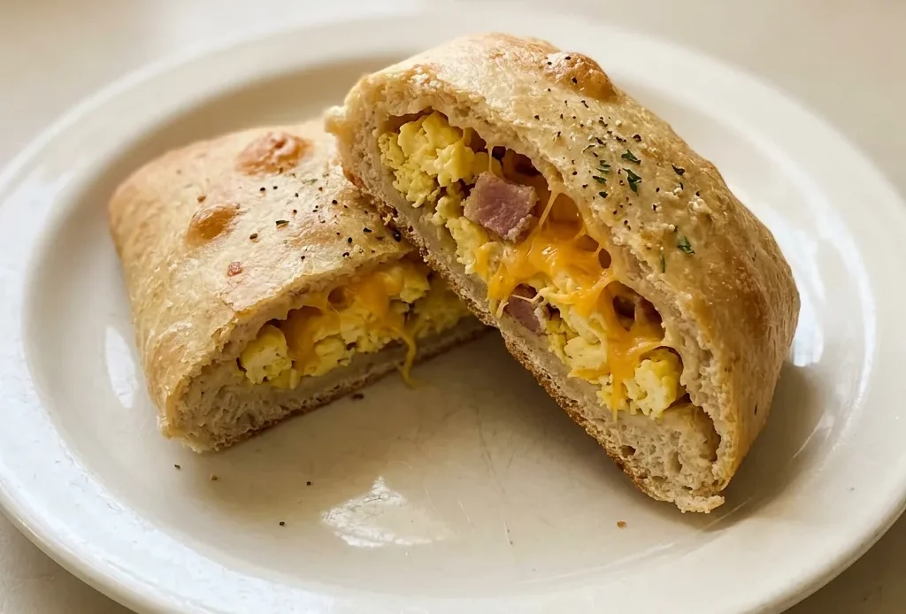 Overhead shot of two golden-brown breakfast pockets filled with melted cheddar and bacon, topped with a fried egg.