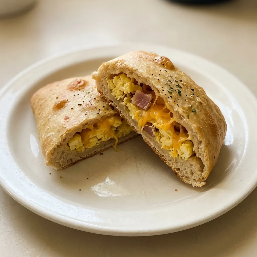 Overhead shot of two golden-brown breakfast pockets filled with melted cheddar and bacon, topped with a fried egg.