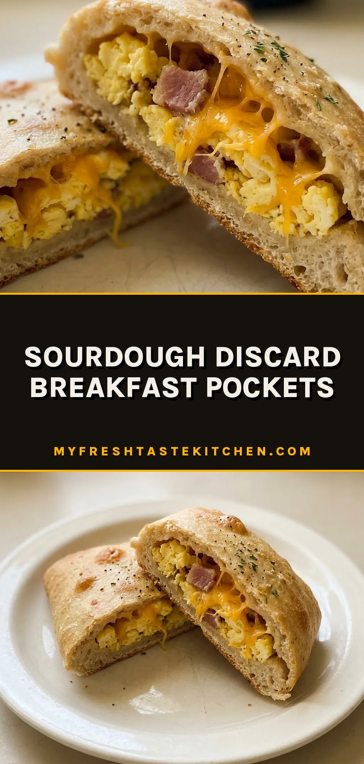 Sourdough discard breakfast pockets split open showing scrambled eggs, melted cheddar cheese, and crumbled bacon inside.