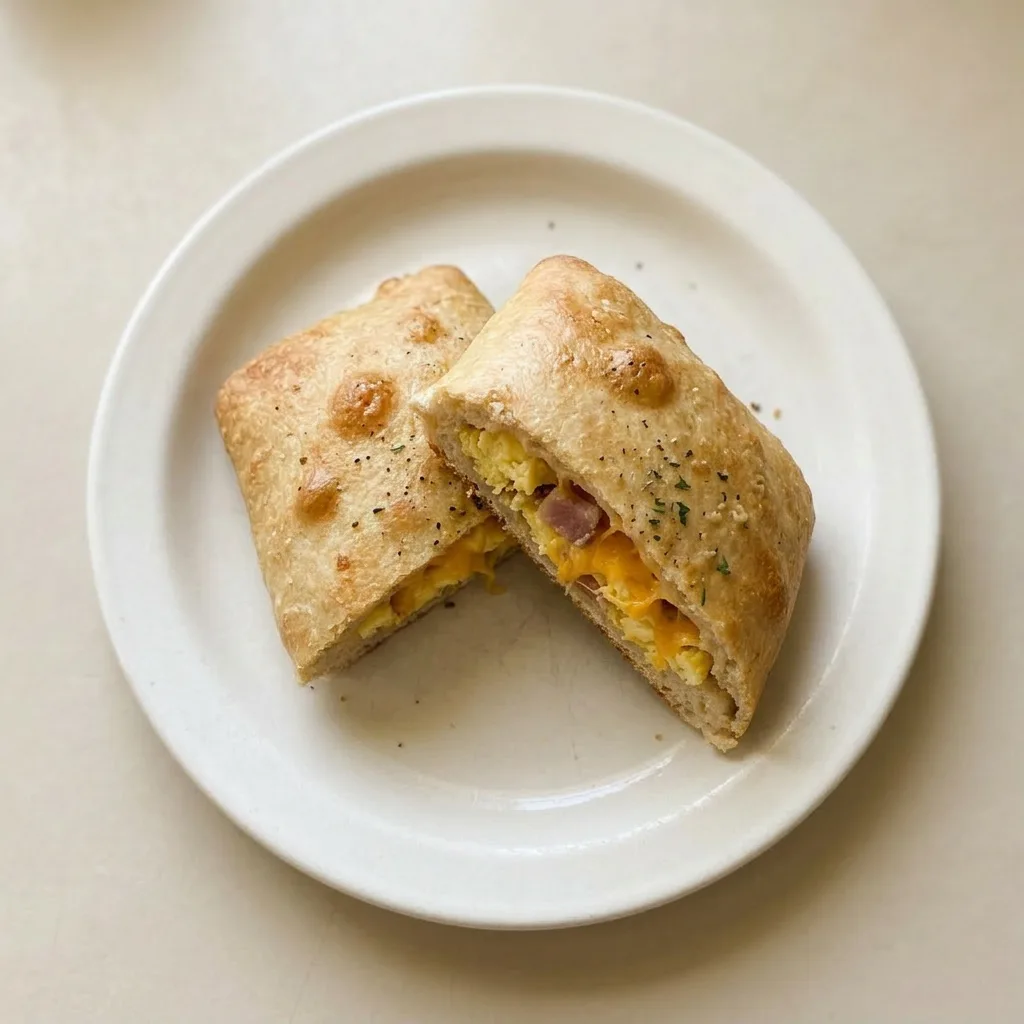 Plated breakfast pockets with a side of scrambled eggs and a sprinkle of cheddar, bacon bits visible.