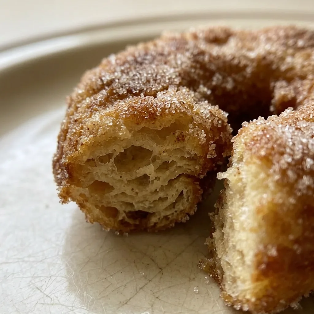 Close view of a doughnut topped with cinnamon sugar, golden brown crust visible, beside a glass of milk.