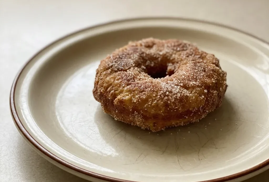 Overhead shot of two glazed doughnuts with cinnamon sugar on a white surface, one cut in half showing airy crumb.