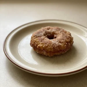 Overhead shot of two glazed doughnuts with cinnamon sugar on a white surface, one cut in half showing airy crumb.