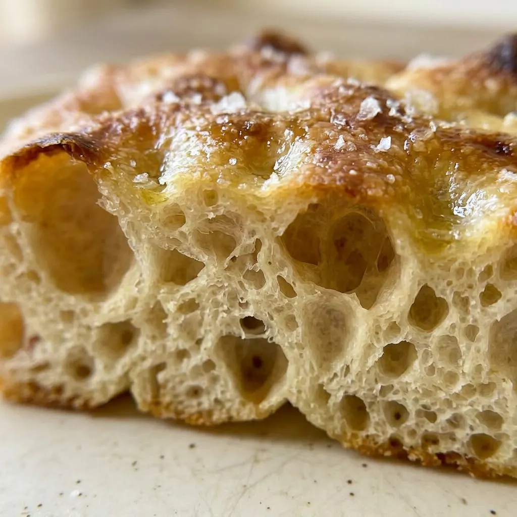 Macro detail of golden-brown crust with dimples, cracked surface, and glistening oil droplets.