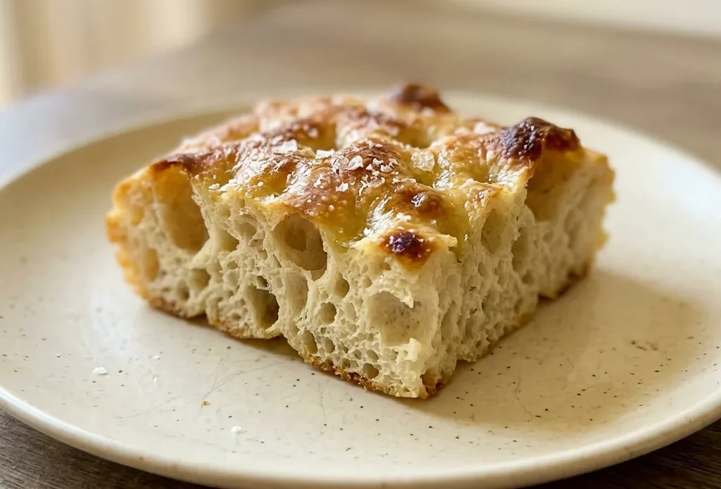 Top-down look at a square of focaccia with olive oil pools, coarse salt, and airy crumb visible.