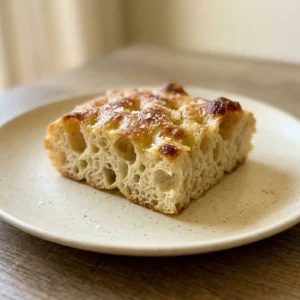 Top-down look at a square of focaccia with olive oil pools, coarse salt, and airy crumb visible.