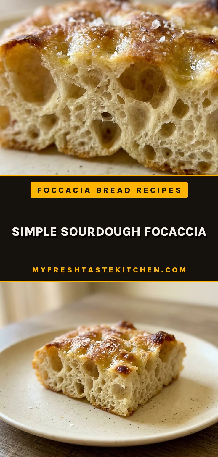 Simple sourdough focaccia with a golden brown crust, drizzled with olive oil and sprinkled with flaky sea salt.