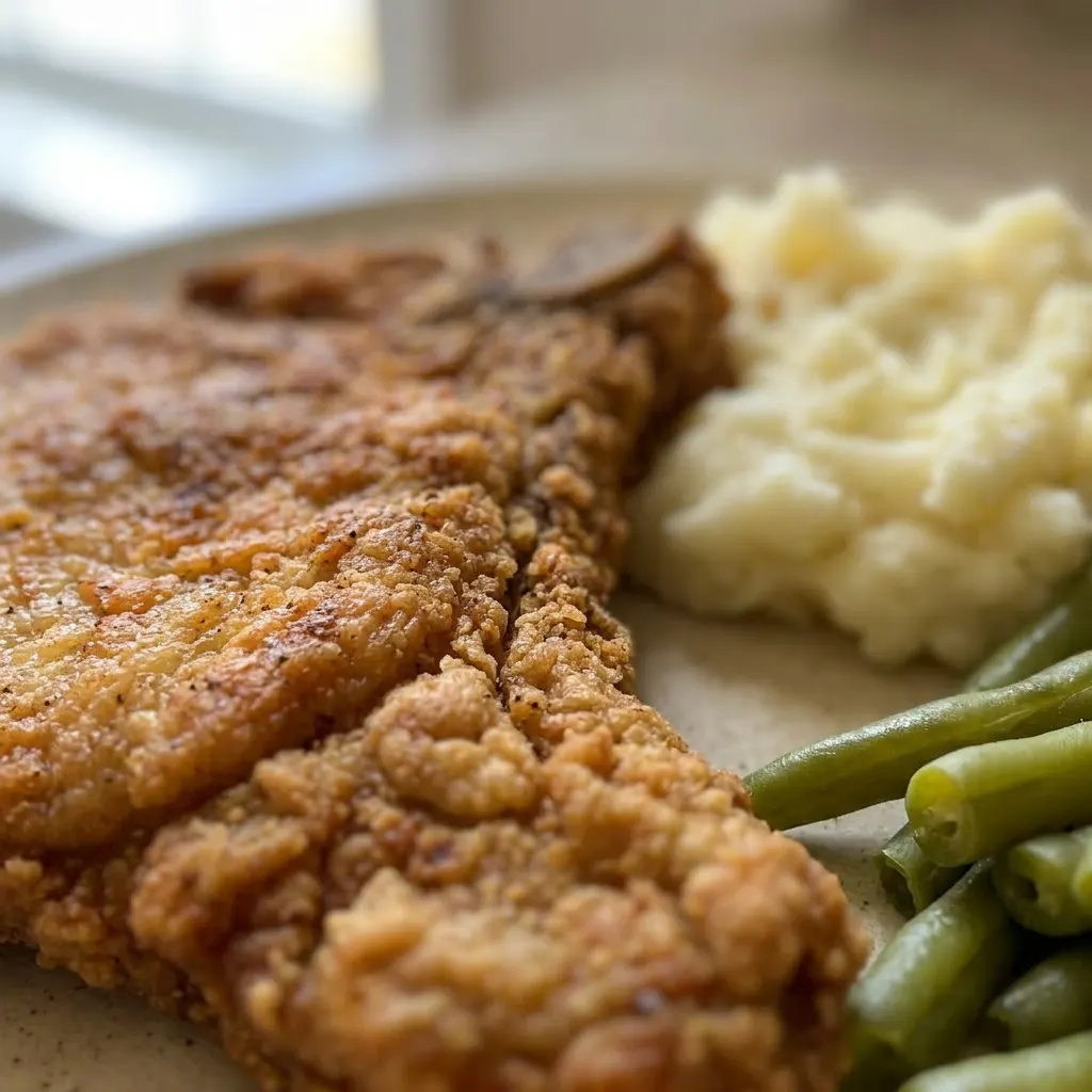 Close view of a pork chop with crispy coating, visible cayenne pepper and hot sauce drizzle.