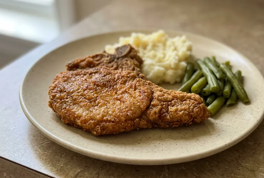 Overhead shot of three breaded pork chops with Creole seasoning and paprika, arranged on a dark surface.