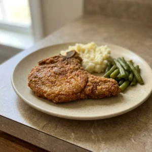 Overhead shot of three breaded pork chops with Creole seasoning and paprika, arranged on a dark surface.