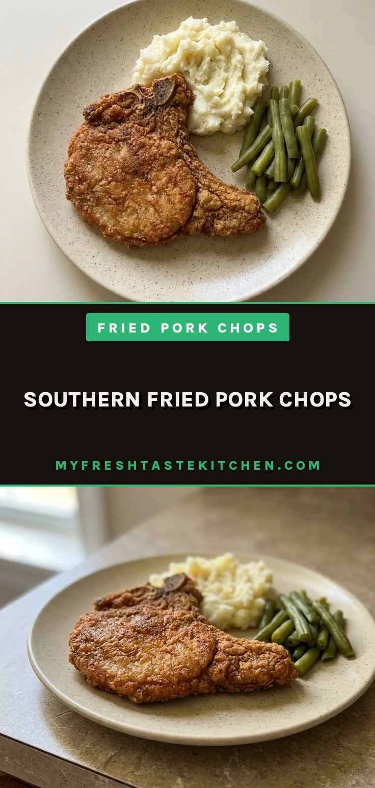 Overhead shot of three breaded pork chops with Creole seasoning and paprika, arranged on a dark surface.