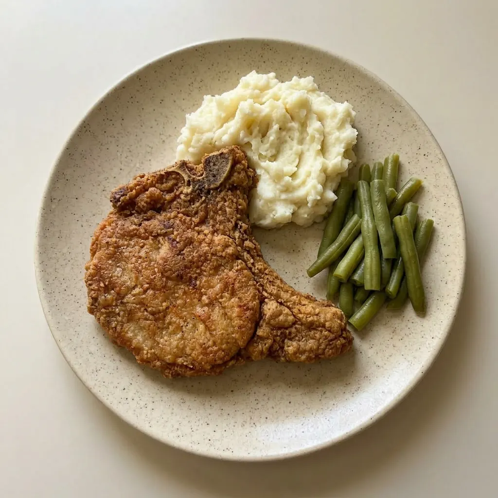 Plated pork chop with smoked paprika and Creole seasoning, garnished with hot sauce.