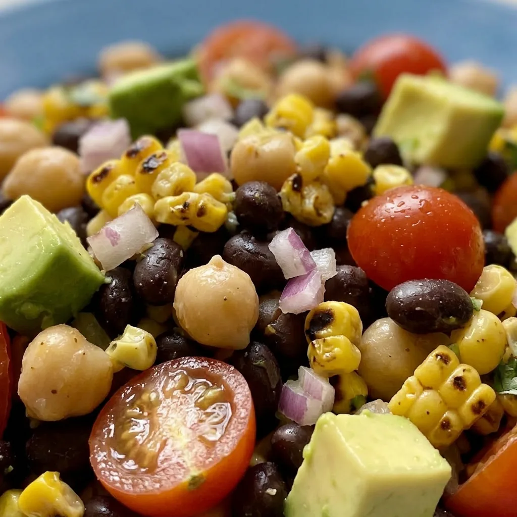 Zoomed in on a fork lifting chickpeas, black beans, corn, and avocado chunks, with visible chili powder and cumin specks on the ingredients.