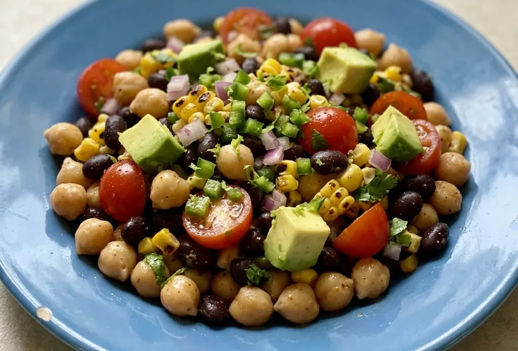 Bird's-eye view of a salad with chickpeas, black beans, corn, cherry tomatoes, red onion, jalapeno, cilantro, and avocado, seasoned with chili powder, cumin, and smoked paprika.