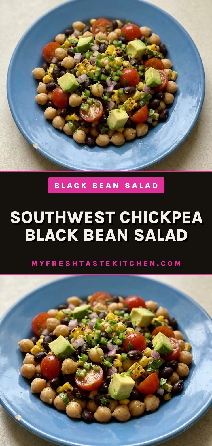 Southwest chickpea black bean salad with chickpeas and black beans, cherry tomatoes and avocado, and corn and red onion.