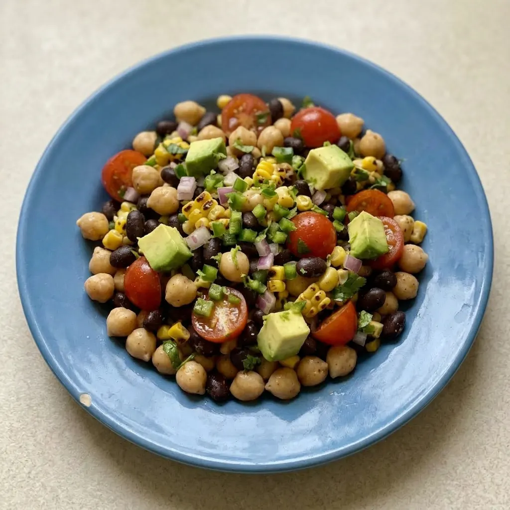 Ready to serve: a colorful salad of chickpeas, black beans, corn, cherry tomatoes, red onion, jalapeno, cilantro, and avocado, with lime wedges on the side.