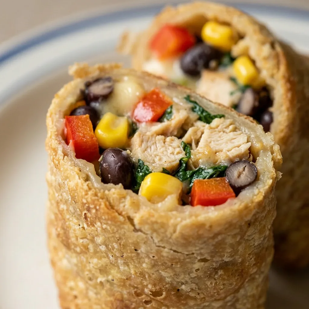 Zoomed in on a halved egg roll cross-section showing chicken, black beans, corn, spinach, red bell pepper, and jalapeno with melted Monterey jack cheese.