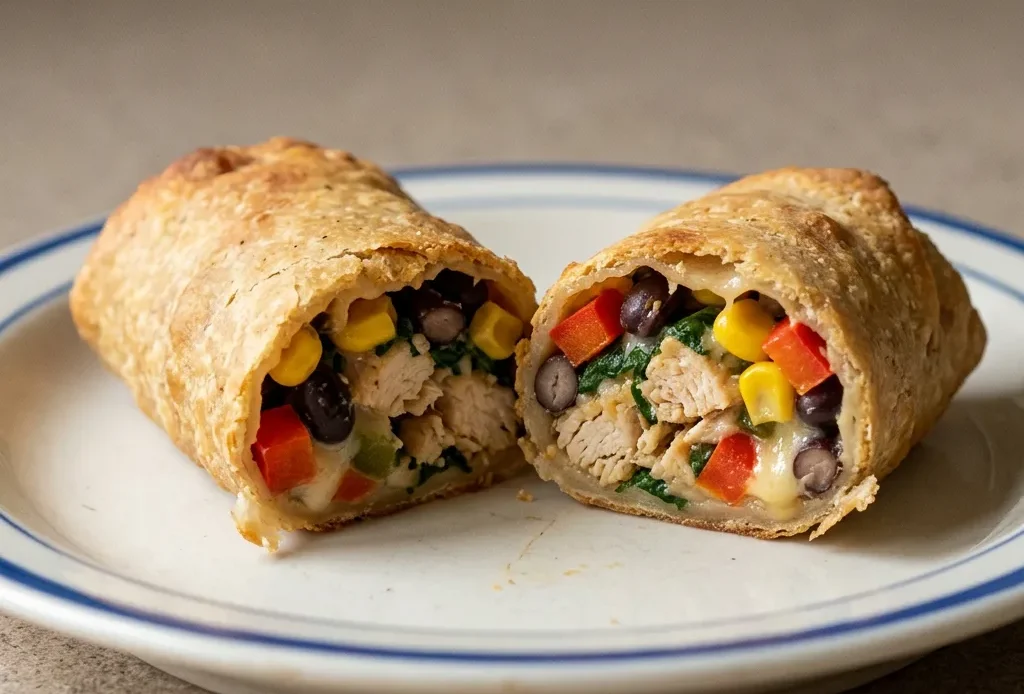 Bird's-eye view of three golden brown egg rolls cut in half, revealing chicken, corn, black beans, spinach, red bell pepper, and melted cheese.