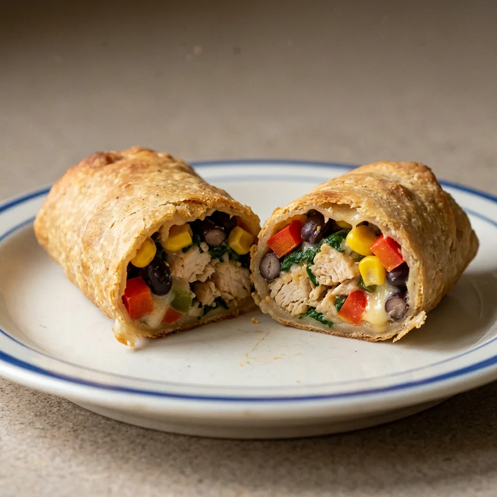 Bird's-eye view of three golden brown egg rolls cut in half, revealing chicken, corn, black beans, spinach, red bell pepper, and melted cheese.