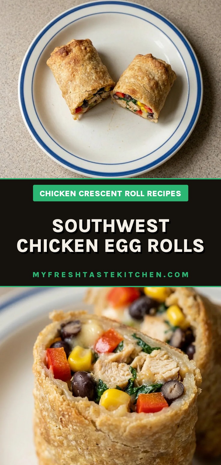 Bird's-eye view of three golden brown egg rolls cut in half, revealing chicken, corn, black beans, spinach, red bell pepper, and melted cheese.
