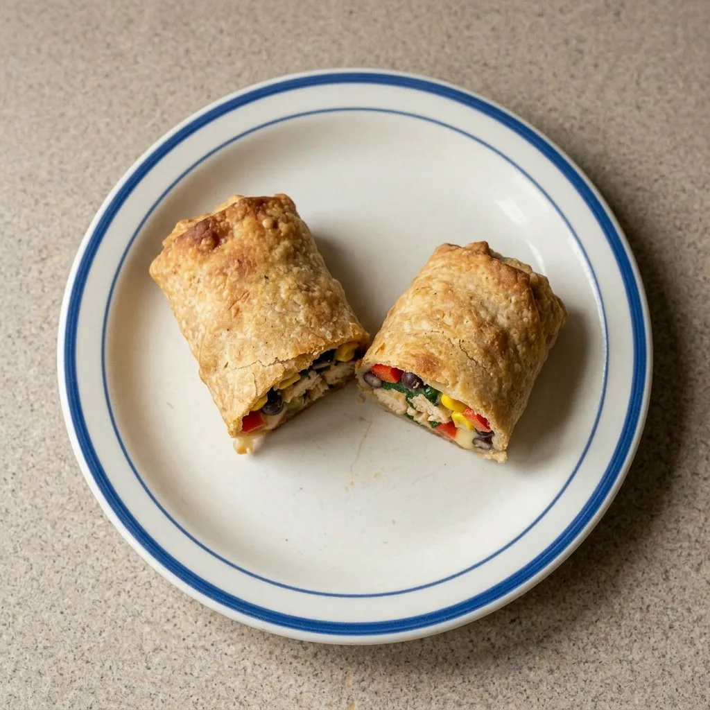 Ready to serve: two whole egg rolls and one halved, with visible chicken, corn, black beans, spinach, red bell pepper, jalapeno, and cheese filling.