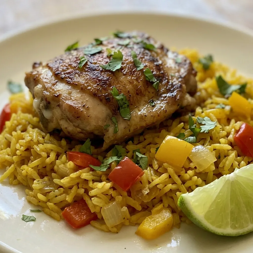 Macro detail of chicken thigh skin with smoked paprika seasoning, turmeric rice grains, and a cilantro leaf next to a lime wedge.