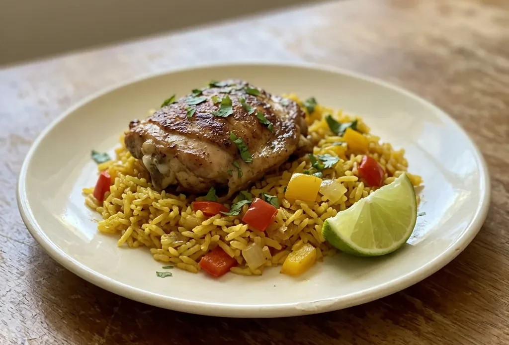Top-down look at yellow turmeric rice topped with chicken thighs, red bell pepper strips, and cilantro leaves, with lime wedges on the side.