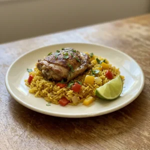 Top-down look at yellow turmeric rice topped with chicken thighs, red bell pepper strips, and cilantro leaves, with lime wedges on the side.