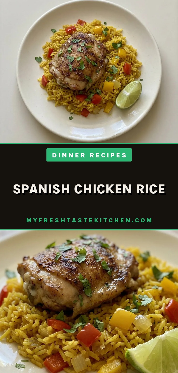 Top-down look at yellow turmeric rice topped with chicken thighs, red bell pepper strips, and cilantro leaves, with lime wedges on the side.