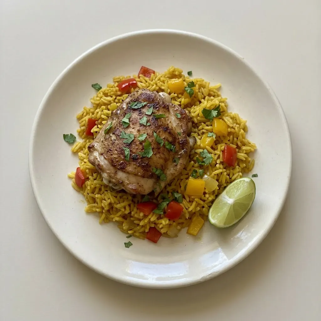 A serving of Spanish chicken rice featuring turmeric and smoked paprika colored rice, chicken thighs, bell peppers, and cilantro, with lime wedges.