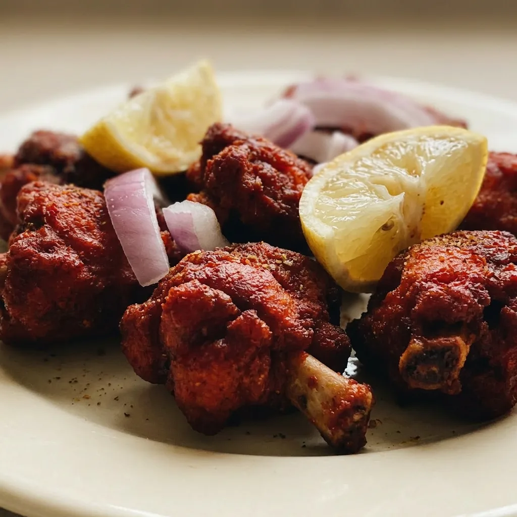Up close, a piece of fried chicken with a golden crust, visible ginger and garlic bits, and a red chili powder coating.