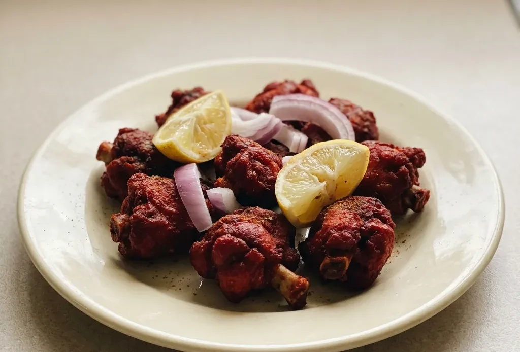 Looking down at crispy chicken pieces with green chili slices and curry leaves scattered on top.