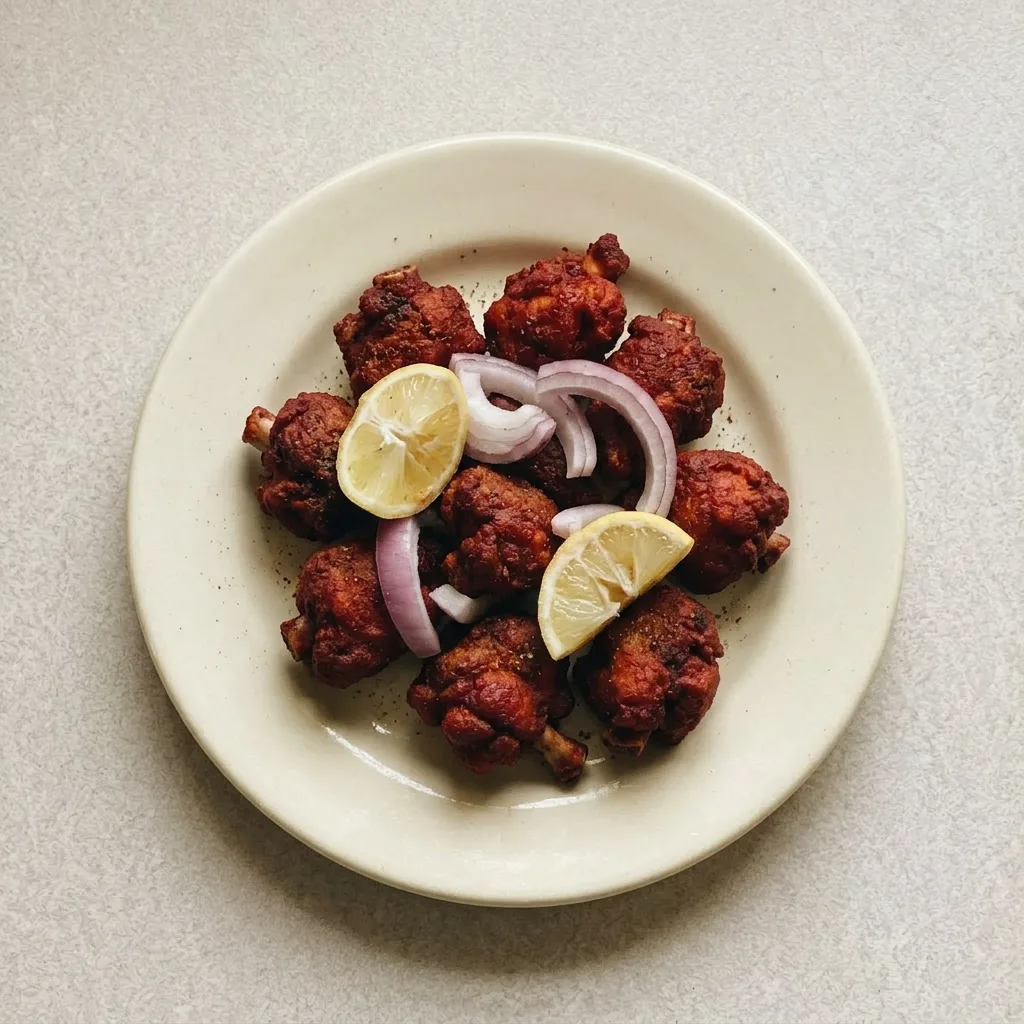A plate of fried chicken garnished with curry leaves, green chili, and yogurt dip.