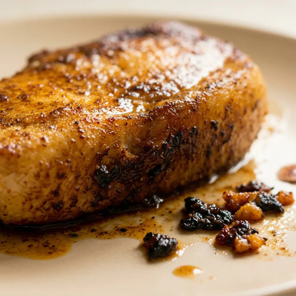 Zoomed in on a seared pork chop with visible chipotle chili and garlic powder crust, glistening with olive oil.