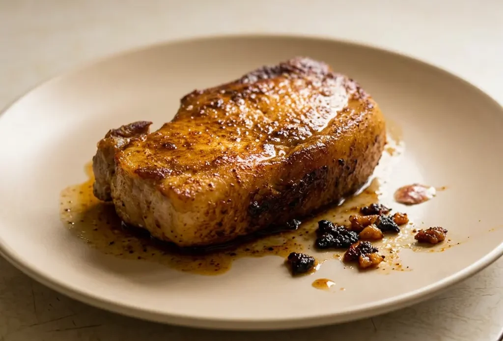 Bird's-eye view of two chipotle-rubbed pork chops with oregano and coriander specks, garnished with fresh herbs.