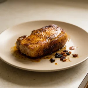 Bird's-eye view of two chipotle-rubbed pork chops with oregano and coriander specks, garnished with fresh herbs.