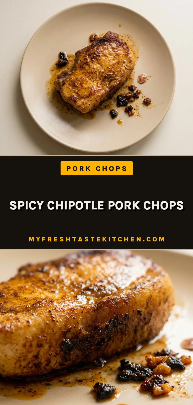 Bird's-eye view of two chipotle-rubbed pork chops with oregano and coriander specks, garnished with fresh herbs.