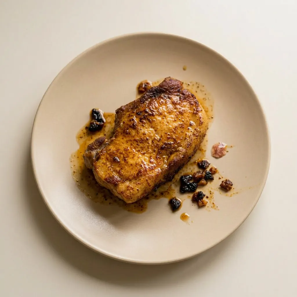 Ready to serve: a plated pork chop topped with oregano and coriander, seasoned with chipotle and onion powder.