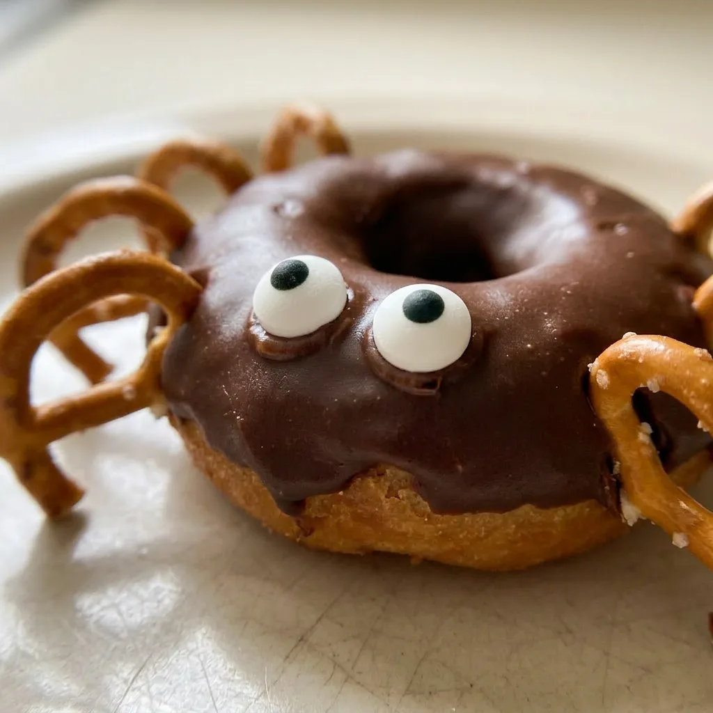 Close view of a spider donut: a chocolate donut with pretzel twists, candy eyes, and white icing.