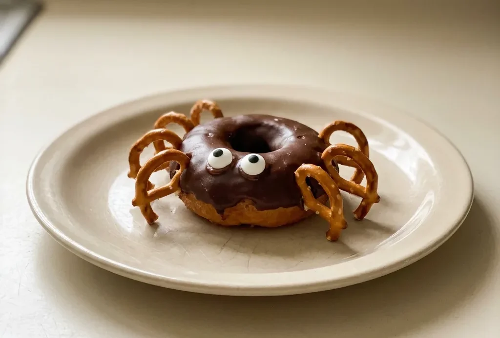 Overhead shot of a chocolate donut with pretzel legs and candy eyes, topped with white icing.