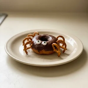 Overhead shot of a chocolate donut with pretzel legs and candy eyes, topped with white icing.