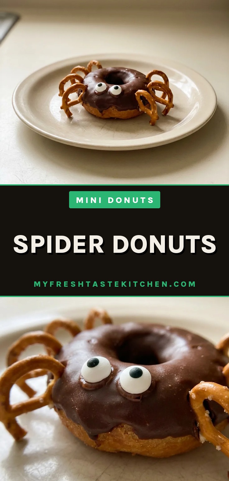 Spider donuts made from chocolate donuts with pretzel legs and candy eyes.