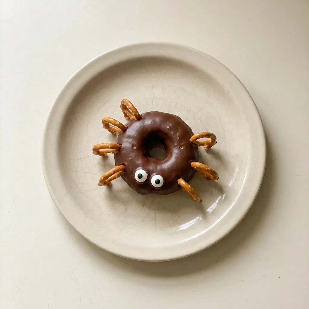 Plated spider donut made from a mini chocolate donut with pretzel legs, candy eyes, and icing.