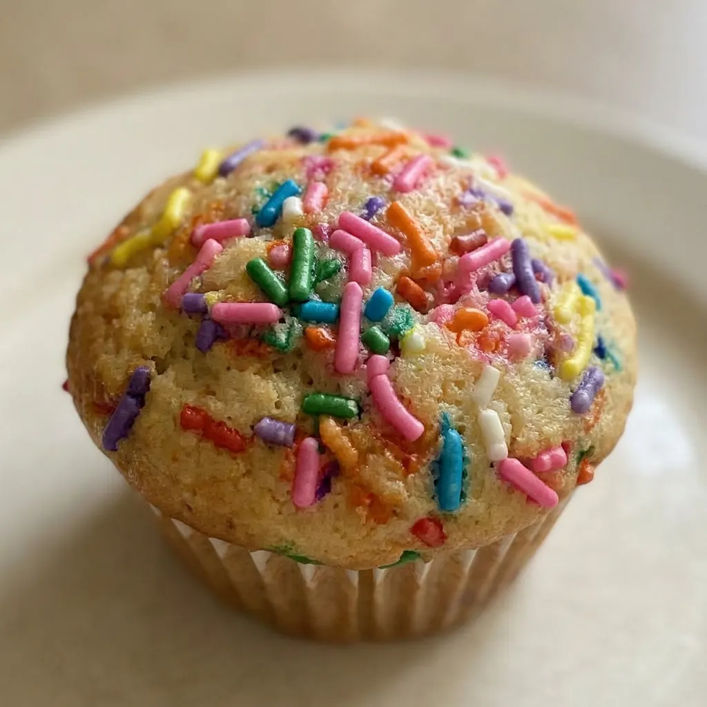 Zoomed in on a muffin with a golden-brown top dotted with colorful sprinkles, showing vanilla specks and a soft interior.